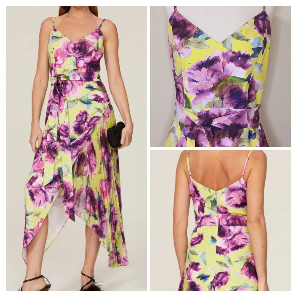 Badgley Mischka Dress Sz 8 Asymmetric Layered Hem Midi Sleeveless Floral $575